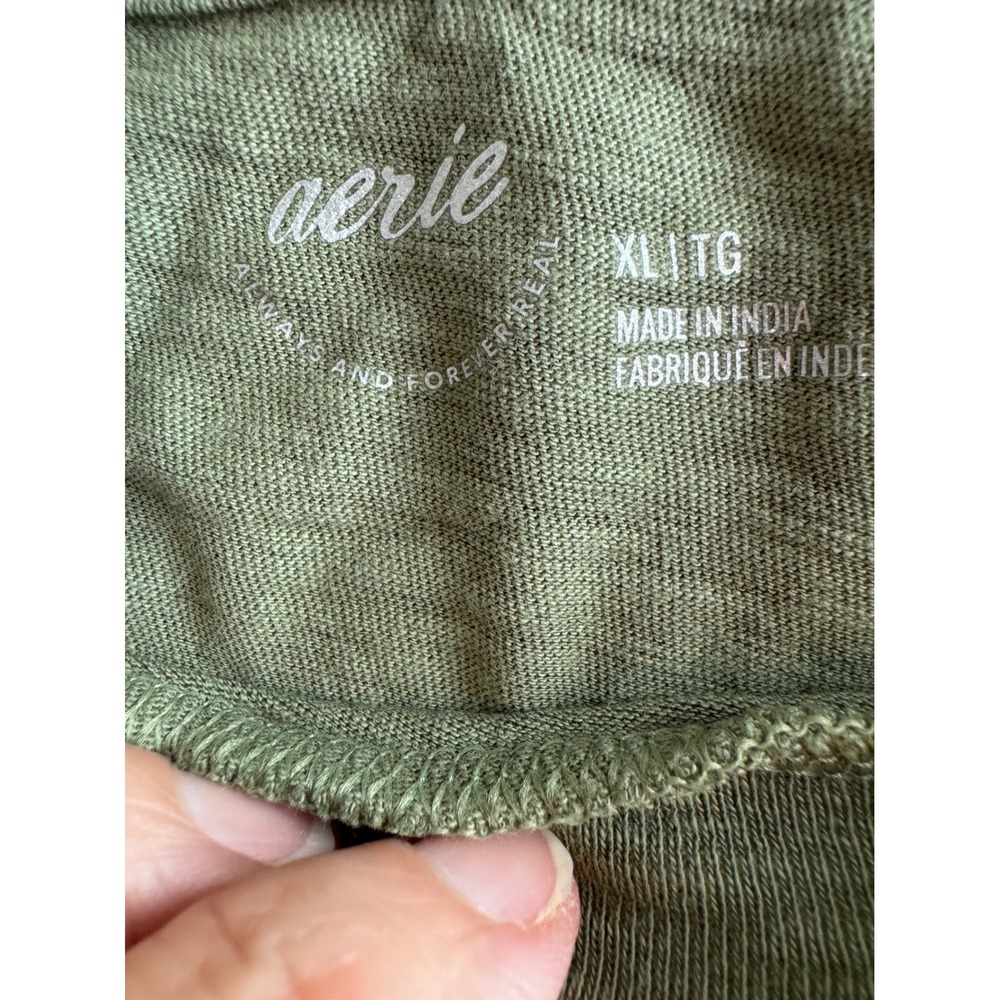 Aerie Womens XL Olive Green Smocked Ruffle Hem Short Sleeve Cotton Crop Top - Picture 2 of 9